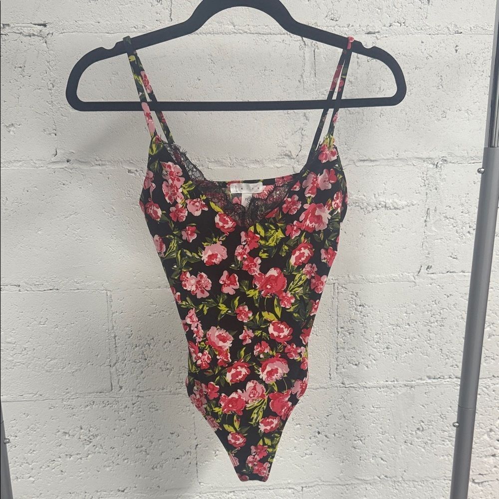 Leith Black and Pink Floral Body Suit - LIKE NEW - Size XS - Worn Once